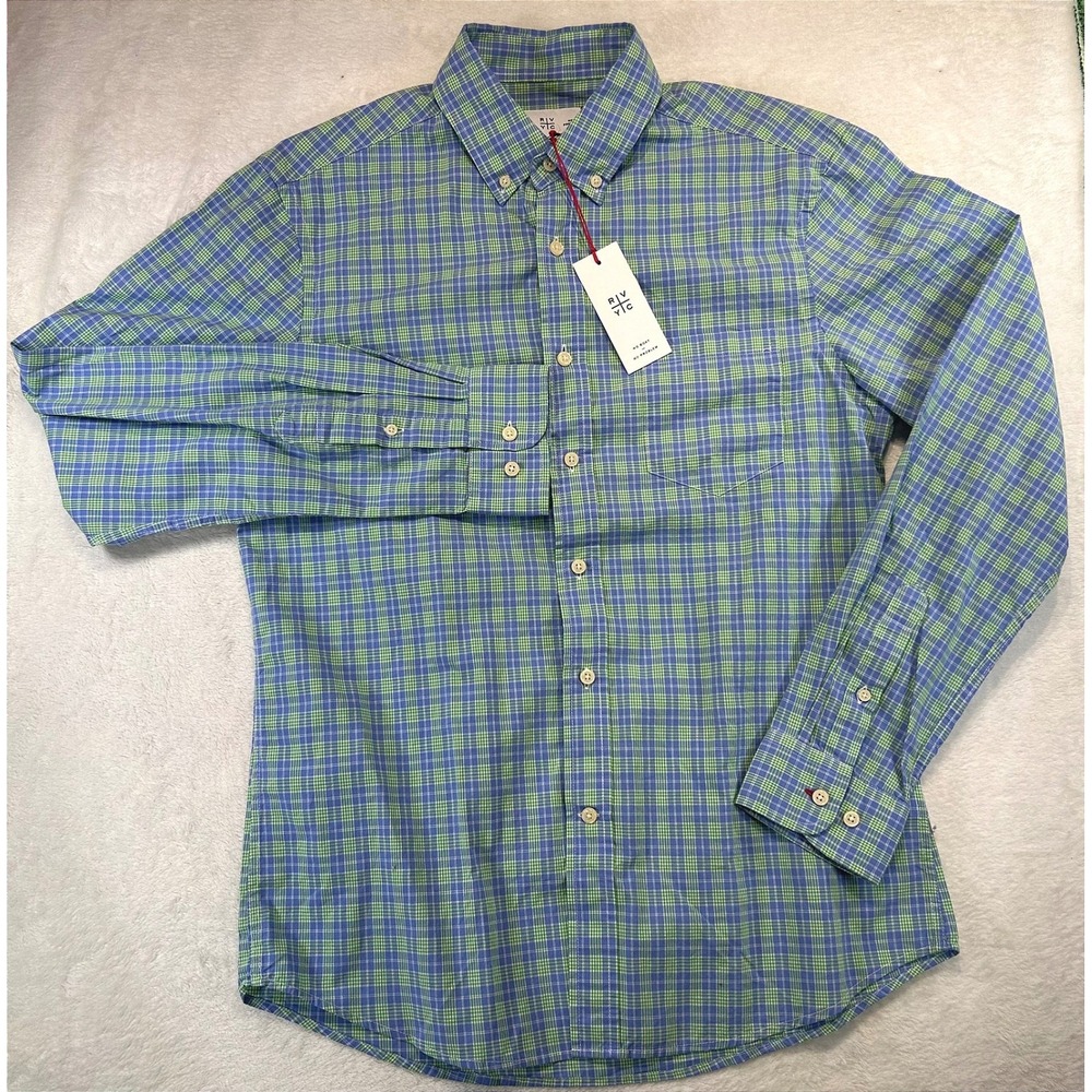 Preppy RVYC Button Down Mini Plaid Shirt Medium Ivy League Blue Green Checkered